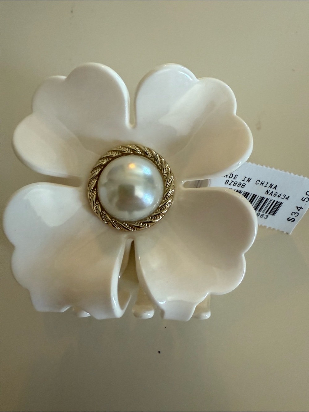 J. Crew White Floral Hair Clip with Pearl and Gold Accent